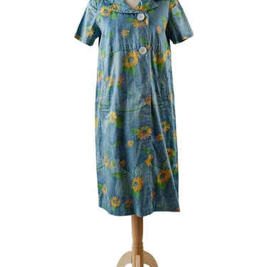 Mod Style 1960s Floral Cotton Day Dress - Size S 