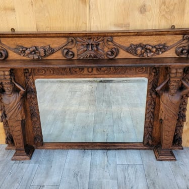 Antique Neoclassical Hand Carved Figural and Foliate Quarter-Sawn Fireplace Mantel Beveled Mirror Topper
