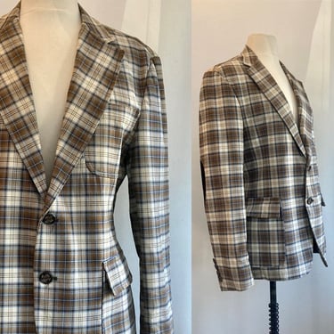 Vintage 70s PLAID Blazer / Sportscaster Style / ELBOW Patches / Xagon Man / Made in Italy 