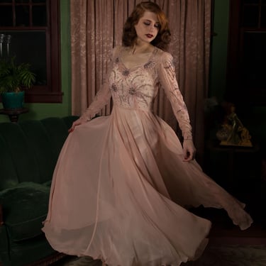 1940s Dress - Magical Vintage Early 40s Sheer Pink Chiffon Beaded and Rhinestone Studded Evening Gown 