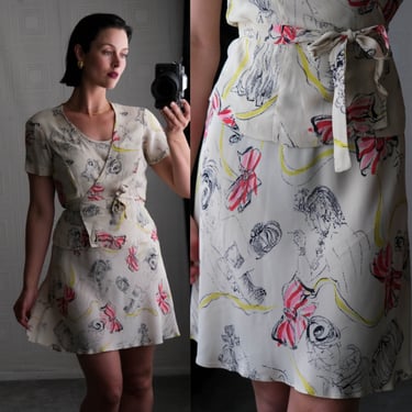 Vintage 90s BETSEY JOHNSON Cream & Graphite Women at Party Bow Print Mini Bias Dress w/ Wrap Blouse Set | Made in USA | 1990s Designer Dress 
