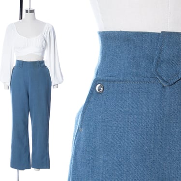 Vintage 1970s Pants | 70s H BAR C Western Blue Wool High Waisted Pearl Snap Pockets Relaxed Fit Side Zipper Trousers (small) 