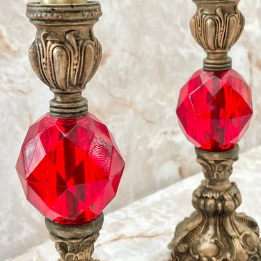 Ornate Candle Holders, Hollywood Regency, Ruby Red Lucite, Candlestick Holders, Sustainable Living, Vintage Home Decor 