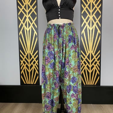 1980s harem pants, rayon floral, drawstring waist, vintage pants, blossom, made in india, bohemian style, balloon pants, gathered, casual 