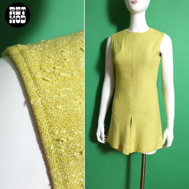 Sassy & Flattering Vintage 60s Yellow Boucle Textured Sleeveless Mini Dress with Kick Pleat 