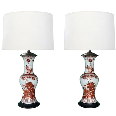 Pair of antique Chinese Export-style floral decorated vases mounted as lamps