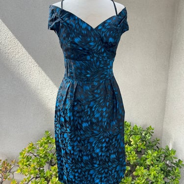 Vintage 60s black blue satin cocktail dress custom made by Tres Chic Philippines Sz XS 