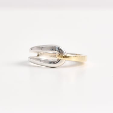 Vintage Kloto Reform Two-Tone 18K Gold and Sterling Silver, Crossover Stackable Ring, Modernist Jewelry, Size 7 1/2 US 