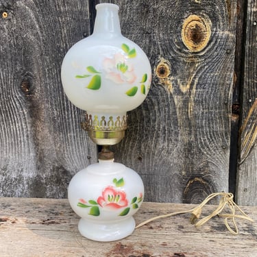 Floral Lamp — Glass Bulb Lamp — Milk Glass Lamp — Parlor Lamp — Floral Parlor Lamp — Vintage Lighting — Small Parlor Lamp — Handpainted Lamp 