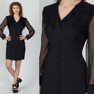 80s Black Sheer Sleeve Crochet Trim Secretary Dress - Small | Vintage Dawn Joy Button Up Long Sleeve Mini 