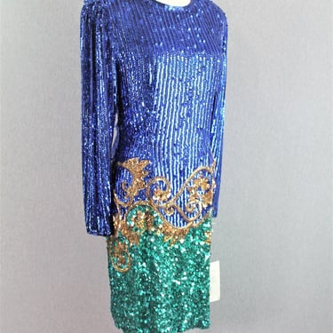 1980S Beaded Dress, 1990s Beaded Cocktail Dress - Blue, Gold, Green, by Niteline, Della Roufogali, NWT, Size 8 