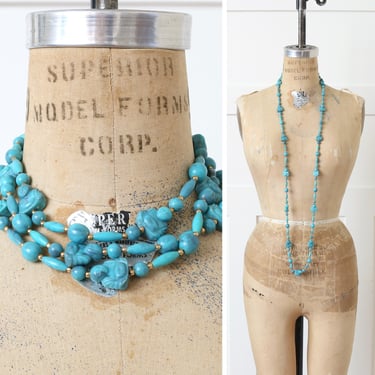 vintage 1960s happy buddha necklace • swirled turquoise plastic long multi-length necklace 