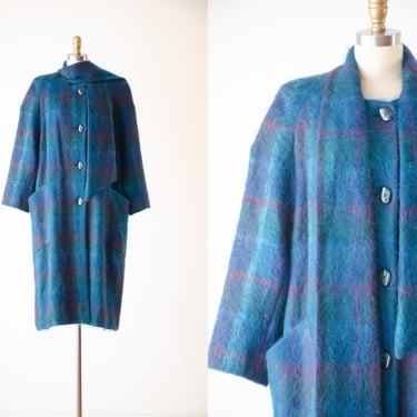 plaid mohair coat | 80s vintage Alorna teal blue green plaid warm oversized swing coat 