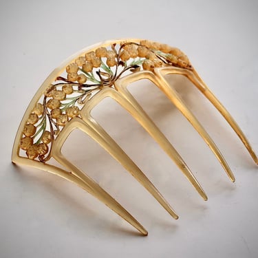Antique French Art Nouveau Mimosa Flowers Hand Carved Horn Hair Comb 