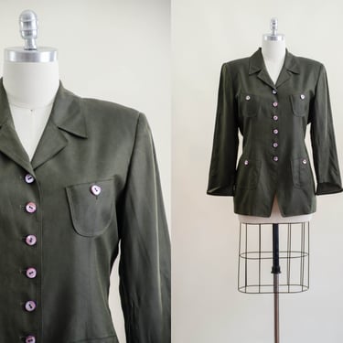 olive green silk jacket | 90s y2k vintage Dana Buchman forest green dark academia heavy silk blazer jacket 