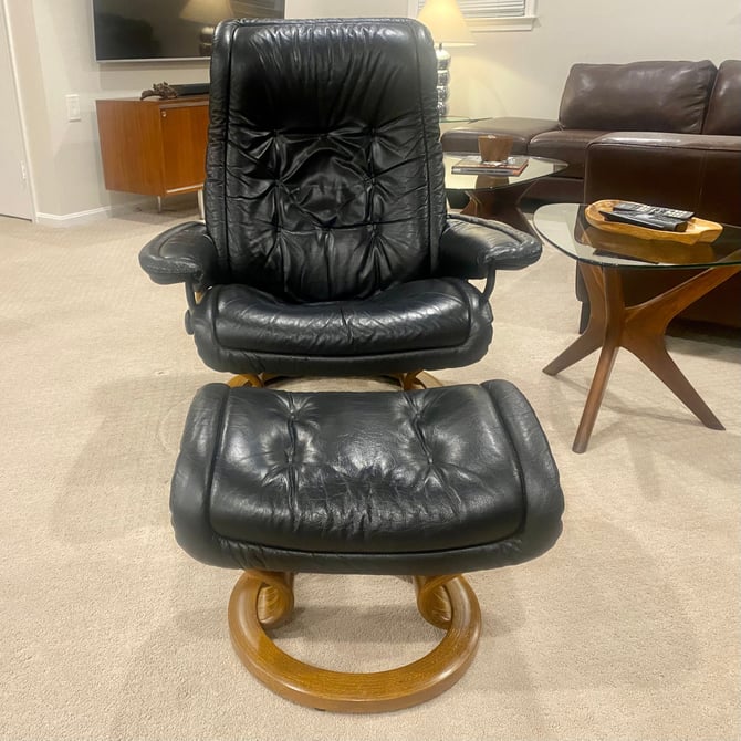 Ekornes Stressless “Royal Model” Leather Recliner and Footstool - a Pair 