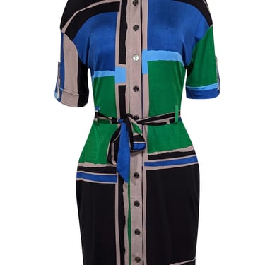 Tory Burch - Black, Blue, Green, & Taupe Color Block Collared Cropped Sleeve Dress Sz XS