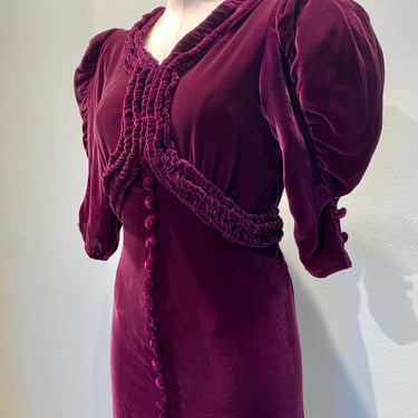 1930'S Silk Velvet - Ruching Details - Puffy Mutton Sleeves - Velvet Covered Buttons - Small - 27 Inch Waist 