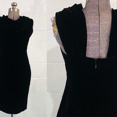 Vintage Black Velvet Dress Anne Klein II 90s Sleeveless Drape Cowl Neck Party Cocktail Goth Vamp Wiggle New Year's Eve Holiday Small XS 
