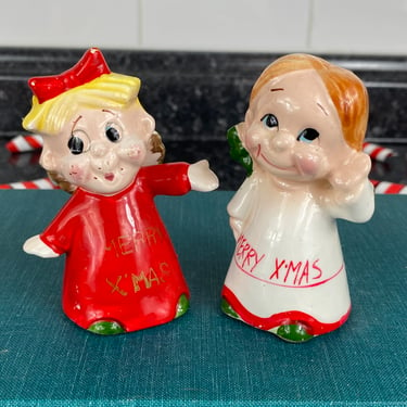 Vintage Kreiss Merry X'Mas Lil Rascal Angel Salt & Pepper Shakers, Kitschy Christmas, Holiday Collectible Ceramic Figurines, Kids Christmas 