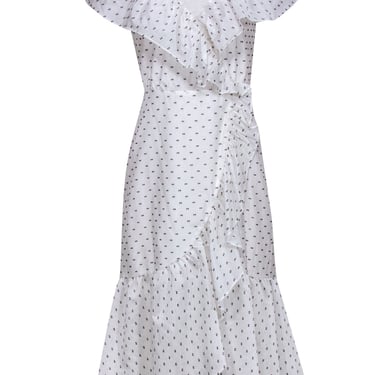 Rebecca Taylor - White Ruffled Maxi Dress w/ Navy Embroidered Polka Dots Sz 2