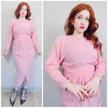 1980s Vintage Miss Elliette Pink Wiggle Dress / 80s / Eighties Pearl Beaded Dolman Sleeve Chiffon Dress / Size Medium 