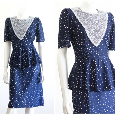 1980s blue and white polka dot peplum dress with lace bib 
