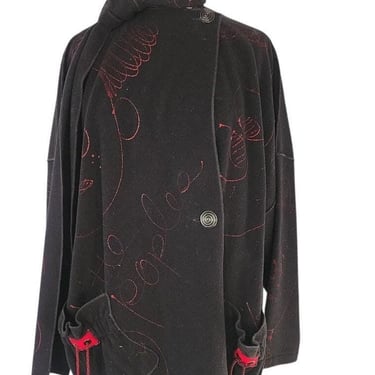 80s Black Slouch Coat Black Wool Red Graphics by Phobeau 