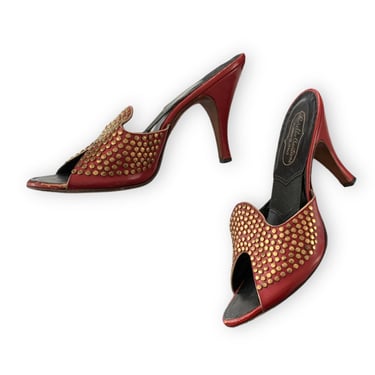 50s STUDDED Red Leather Springolator Heels / 1950s Vintage Peep Toe Slip On Pumps / Size 9 