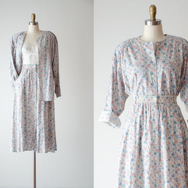 pastel midi skirt set | 80s 90s vintage Liz Claiborne white pink blue floral cotton cute cottagecore skirt long sleeve blouse 