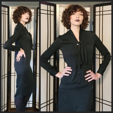 70s Christian Dior Dress Long Sleeved Black Silk 