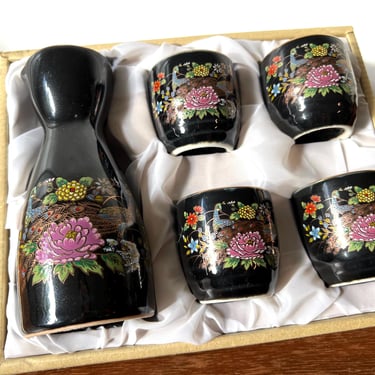 Vintage Japanese Black Floral Porcelain Sake Box Set | Peacock Peony | Tokkuri Ochoko | Oriental Trading | Made in Japan | 4 Cups & 1 Bottle 