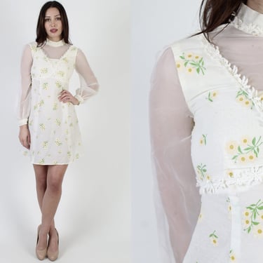 Thin White Swiss Dot Floral Mini Dress / Sheer Material Polka Dot Print / Vintage 70s Daisy Tulip Flower Crochet Frock 