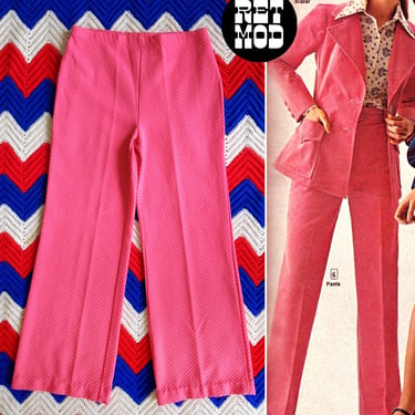 Bright Vintage 60s 70s Salmon Pink Waffle Texture Style Polyester Pants 