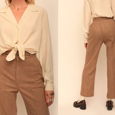 Vintage 1970s 70s Tan & Brown High Waisted Checkered Flared Pants w/ Attached Belt 