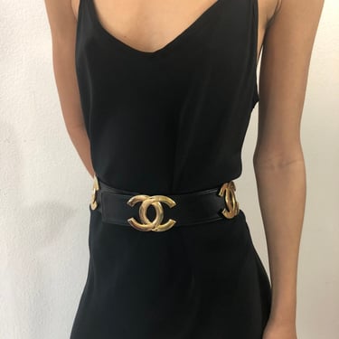 Vintage Chanel Black Leather Belt With 6 Gold CCs Coco Logo Buckles 