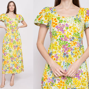60s Yellow Floral Puff Sleeve Maxi Dress - Medium | Vintage Empire Waist Boho Barkcloth Hawaiian Dress 
