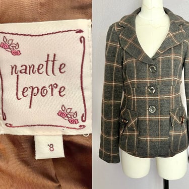 Nanette Lapore Wool Plaid Blazer, Jacket, Classic Style, Tapered, Pockets, Vintage 90s 00s 