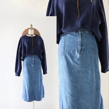 denim saturday skirt - xl - vintage 90s y2k womens blue jean long size extra large 16 long midi simple casual pockets 