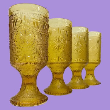 Vintage Goblets Retro 1970s Mid Century Modern + Brockway Glass + Amber + Set of 4 + American Concord + Tiara + Footed + Drinking + Kitchen 