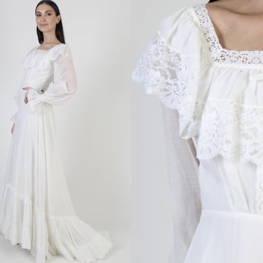 White Wedding Gown, Floor Length Wedding Dress With Train, Vintage Romantic Bridal, Victorian Tiered Lace 