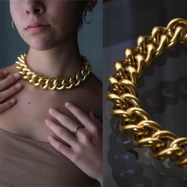 Vintage 80s Erwin Pearl Signed Gold Chunky Chainlink Choker Necklace | Statement Piece, Donna Karan | 1980s Designer Layering Boho Jewelry 