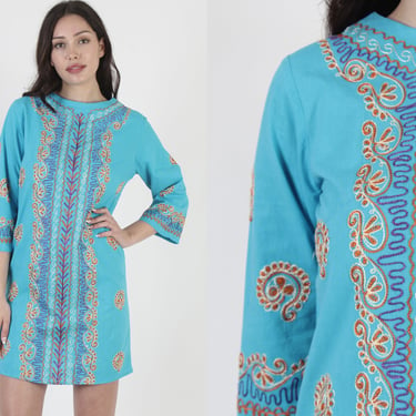 Vintage 70s Teal All Over Embroidered Caftan, Short Bell Sleeve Turquoise Mini Frock, Womens Colorful Ethnic Shift Dress 