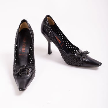 MIU MIU Black Woven Leather Heel with Lace up Corset Detail in Nero Black sz 39 8.5 9 90s Y2K Made in Italy Vintage 