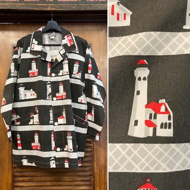 Vintage 1980’s “Michigan Rag Co.” Lighthouse Nautical Beach Jacket, 80’s Beach Jacket, 80’s Nautical Print, Vintage Clothing 