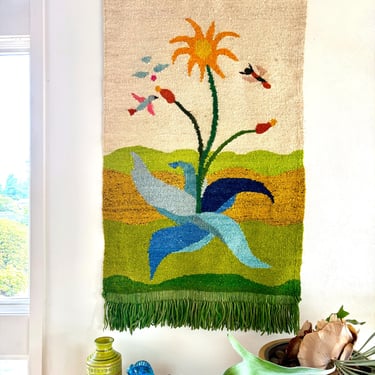 1960s hand-woven wool tapestry / large 5.5 x 3 foot retro wall hanging or rug 