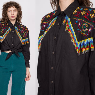 90s Southwestern Beaded Fringe Shirt - Medium | Vintage Black Western Embroidered Button Up Collared Long Sleeve Top 