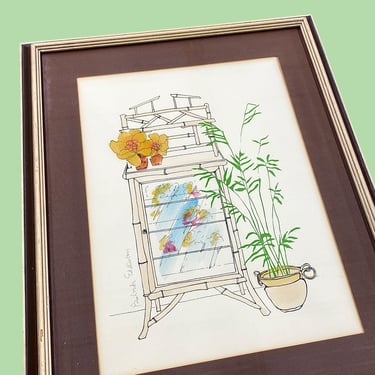 Vintage Babette Eddleston Watercolor 1970s Retro Size 22x18 Bohemian + Bamboo Cabinet + Turner Wall Accessory + Boho Wall Decor + Framed Art 