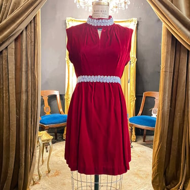 1960s cocktail dress, red velvet, vintage mini dress, mod, sleeveless sheath, metallic sequin trim, medium, mock neck dress, empire waist 