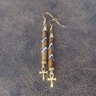 Brown batik print bone and brass ankh earrings 